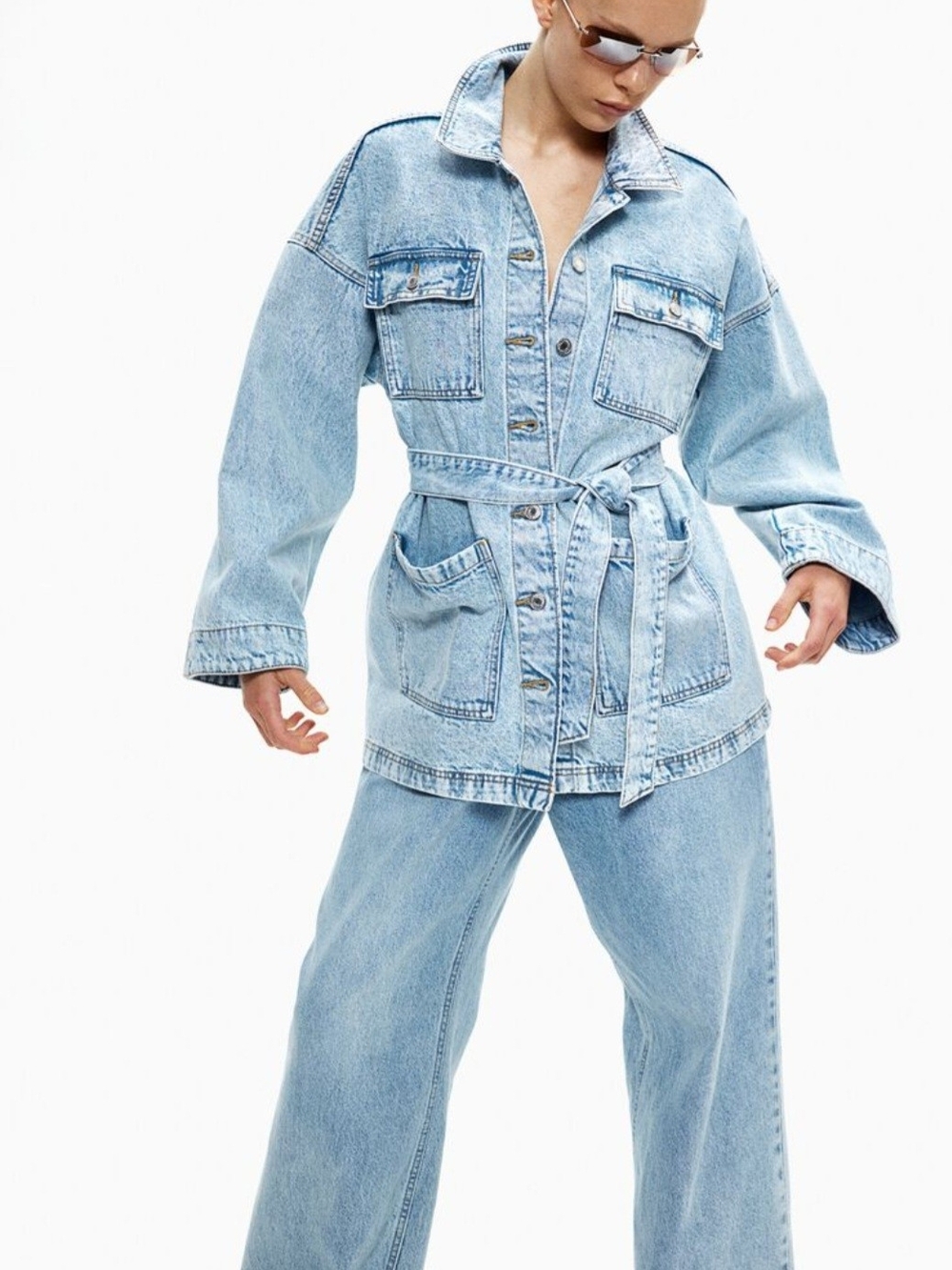 H&M NWT Light Blue Washed Denim Tie Belt Jacket - Picture 2 of 5